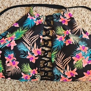 Tropical Floral Halter Bikini Top Med-large